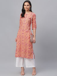Libas Women Peach & Pink Floral Print Straight Kurta