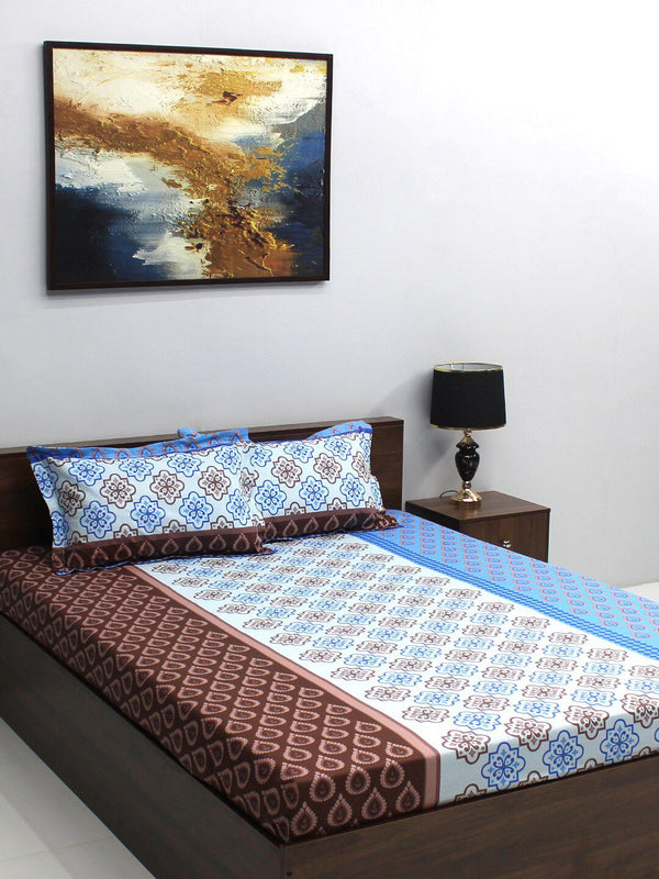 BOMBAY DYEING Blue & White Ethnic Motifs 110 TC Queen Bedsheet with 2 Pillow Covers