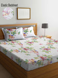 KLOTTHE White Floral Print 300 TC Fitted Super King Double Bedsheet with 2 Pillow Covers