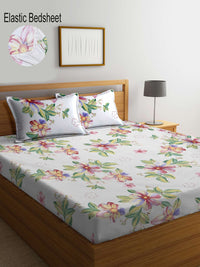 KLOTTHE White Floral Print 300 TC Fitted Super King Double Bedsheet with 2 Pillow Covers