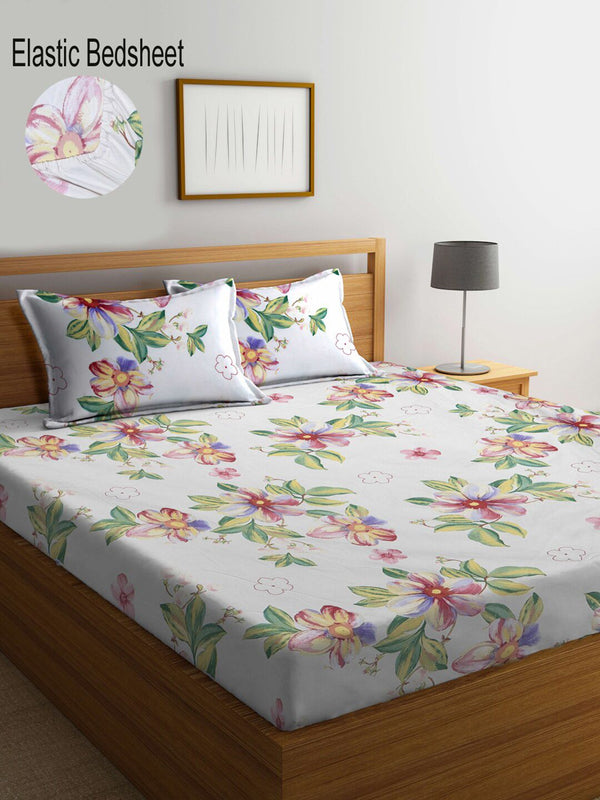 KLOTTHE White Floral Print 300 TC Fitted Super King Double Bedsheet with 2 Pillow Covers