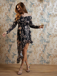 Athena Black Abstract Printed Off Shoulder Sequinned A-Line Dress