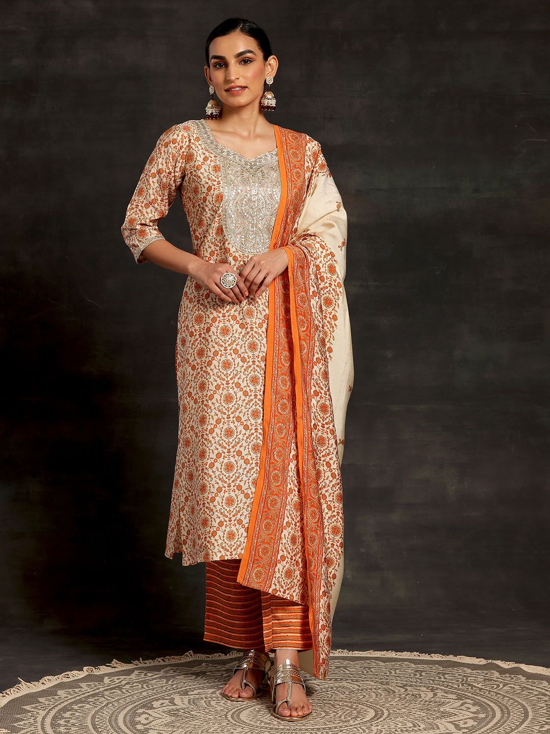Libas Women Floral Printed Regular Sequinned Kurta with Palazzos & With Dupatta