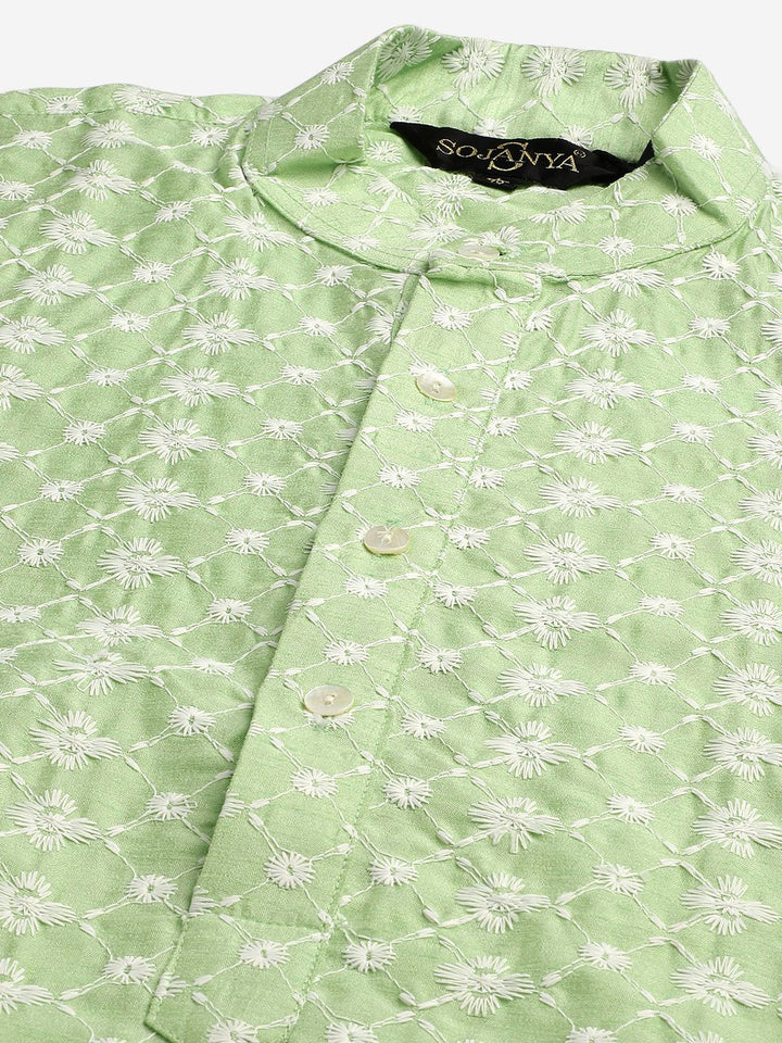 SOJANYA Lelaki Kurta Sulam Hijau Laut & Putih dengan Piyama & Jaket Nehru