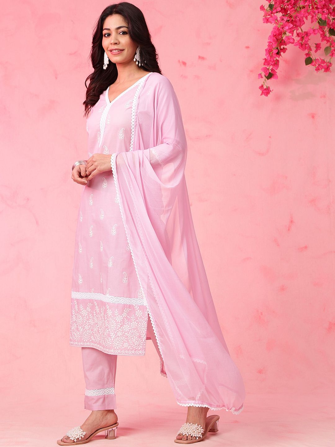 Anouk Pink Paisley Embroidered V-Neck Pure Cotton Straight Kurta with Trousers & Dupatta