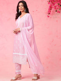 Anouk Pink Paisley Embroidered V-Neck Pure Cotton Straight Kurta with Trousers & Dupatta