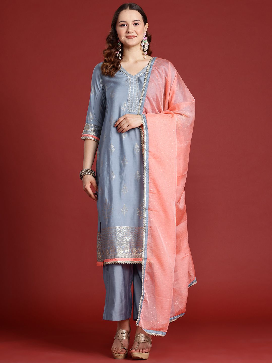 Anouk Printed Thread Work Kurta with Palazzos &  Dupatta