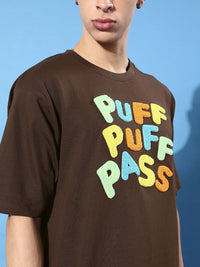 Difference of Opinion Men Brown Typography Embroidered Oversize Pure Cotton Longline T-shirt