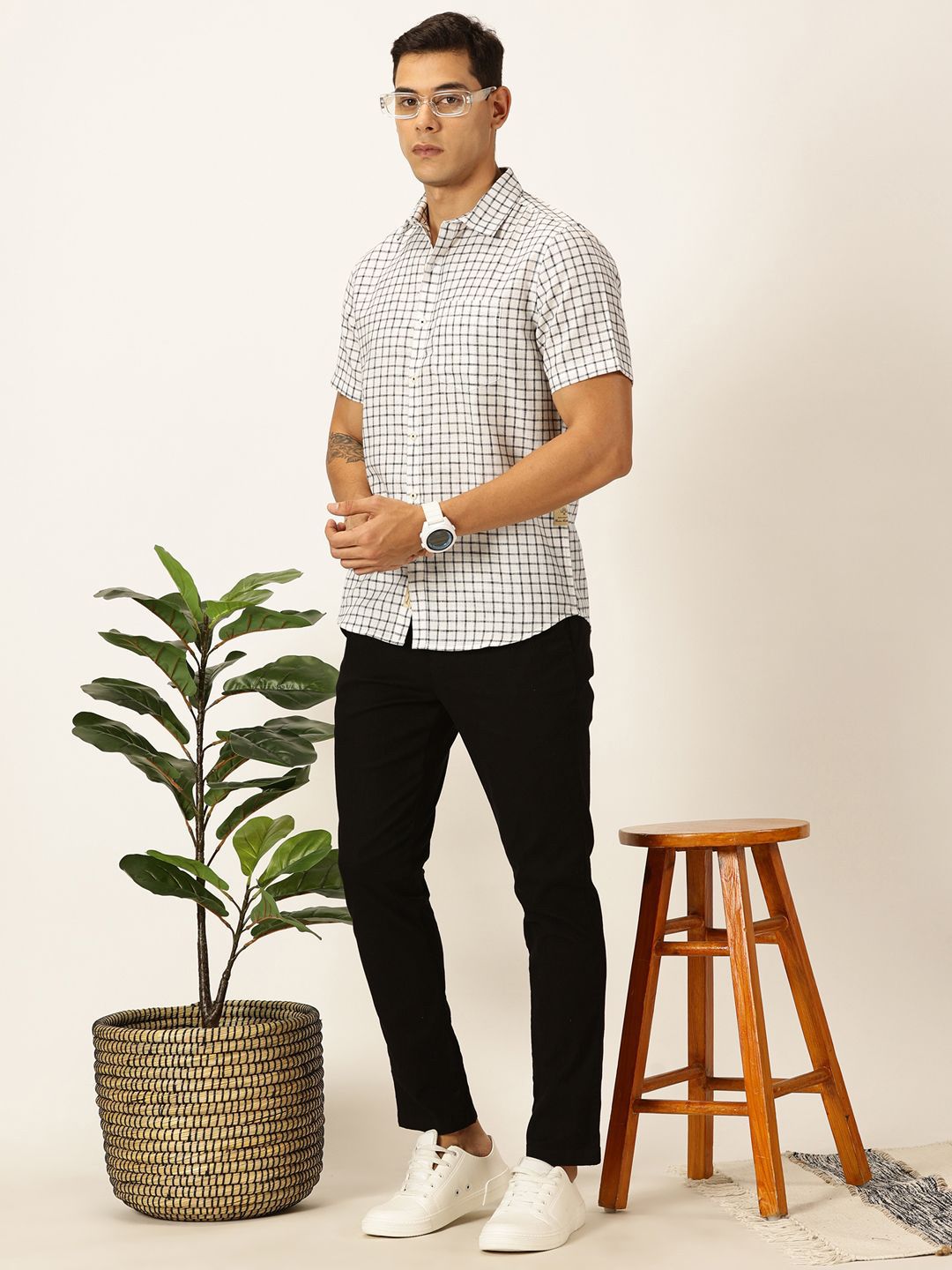 Thomas Scott Men Premium Micro Checks Cotton & Linen Casual Shirt