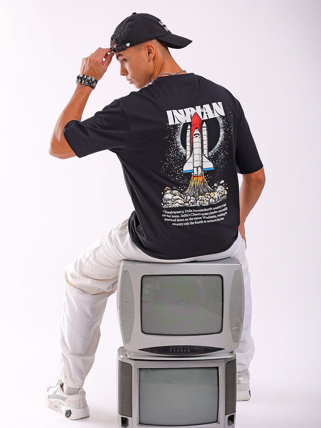 The Indian Garage Co Men Back Printed Boxy Oversized Round Neck T-shirt