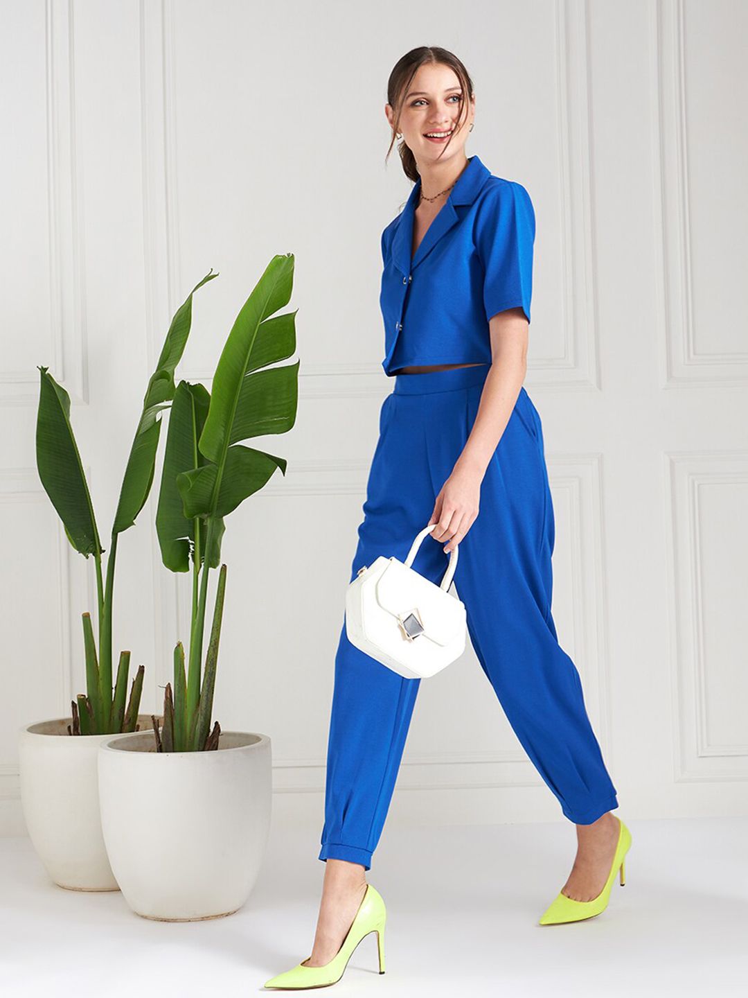 Athena Blue Lapel Collar Short Sleeves Shirt Style Top