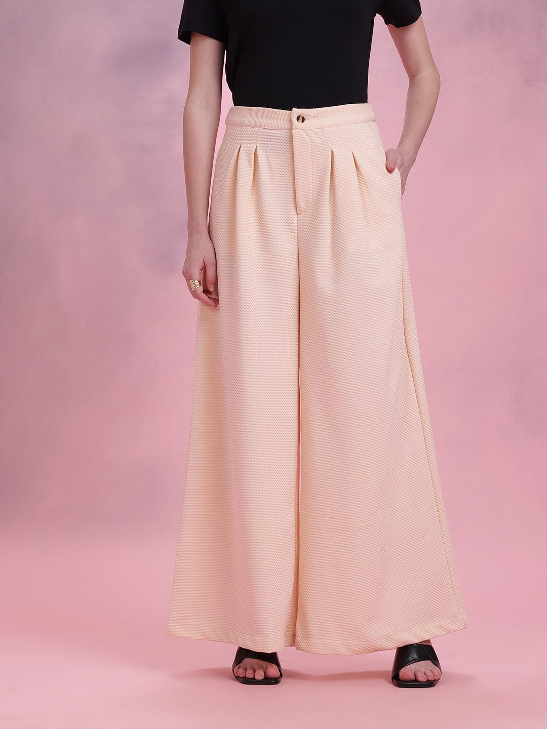 DressBerry Women Textured High-Rise Pleated Wide-Leg Trousers