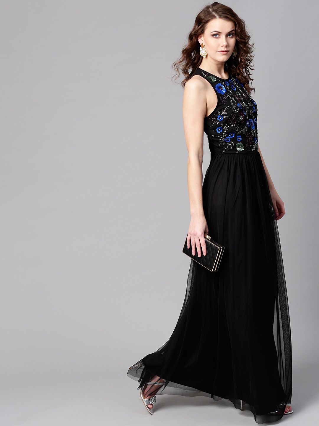STREET 9 Women Black Net Embellished Detail Maxi Dress