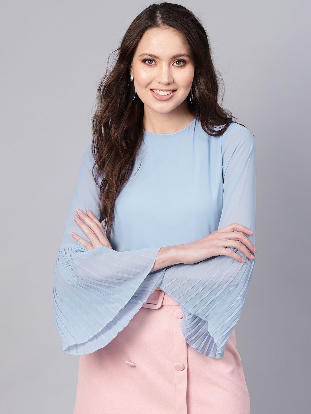 SASSAFRAS Blue Pleated Top With Frilled Hem