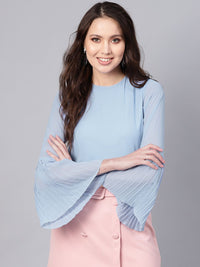 SASSAFRAS Blue Pleated Top With Frilled Hem