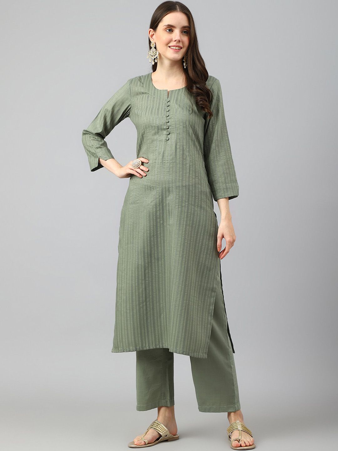 KALINI Striped Round Neck Kurta with Trousers