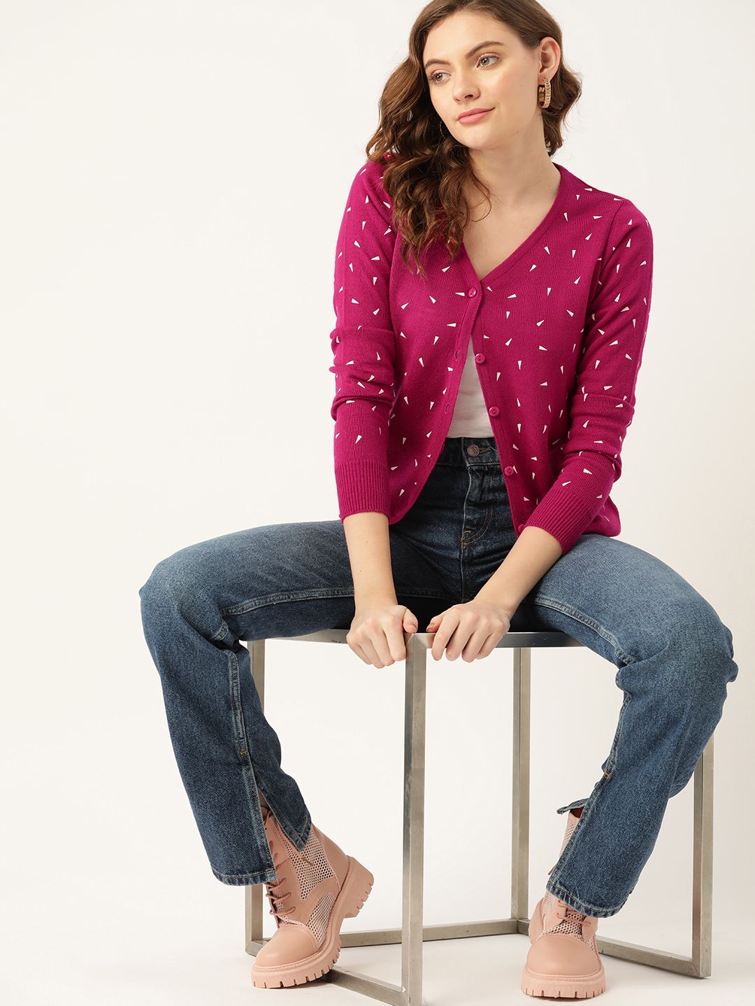 DressBerry Women Fuchsia & White Geometric Printed Cardigan
