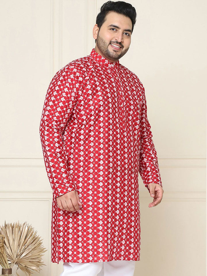 SOJANYA PLUS Floral Embroidered Band Collar Neck Long Sleeves Silk Straight Kurta