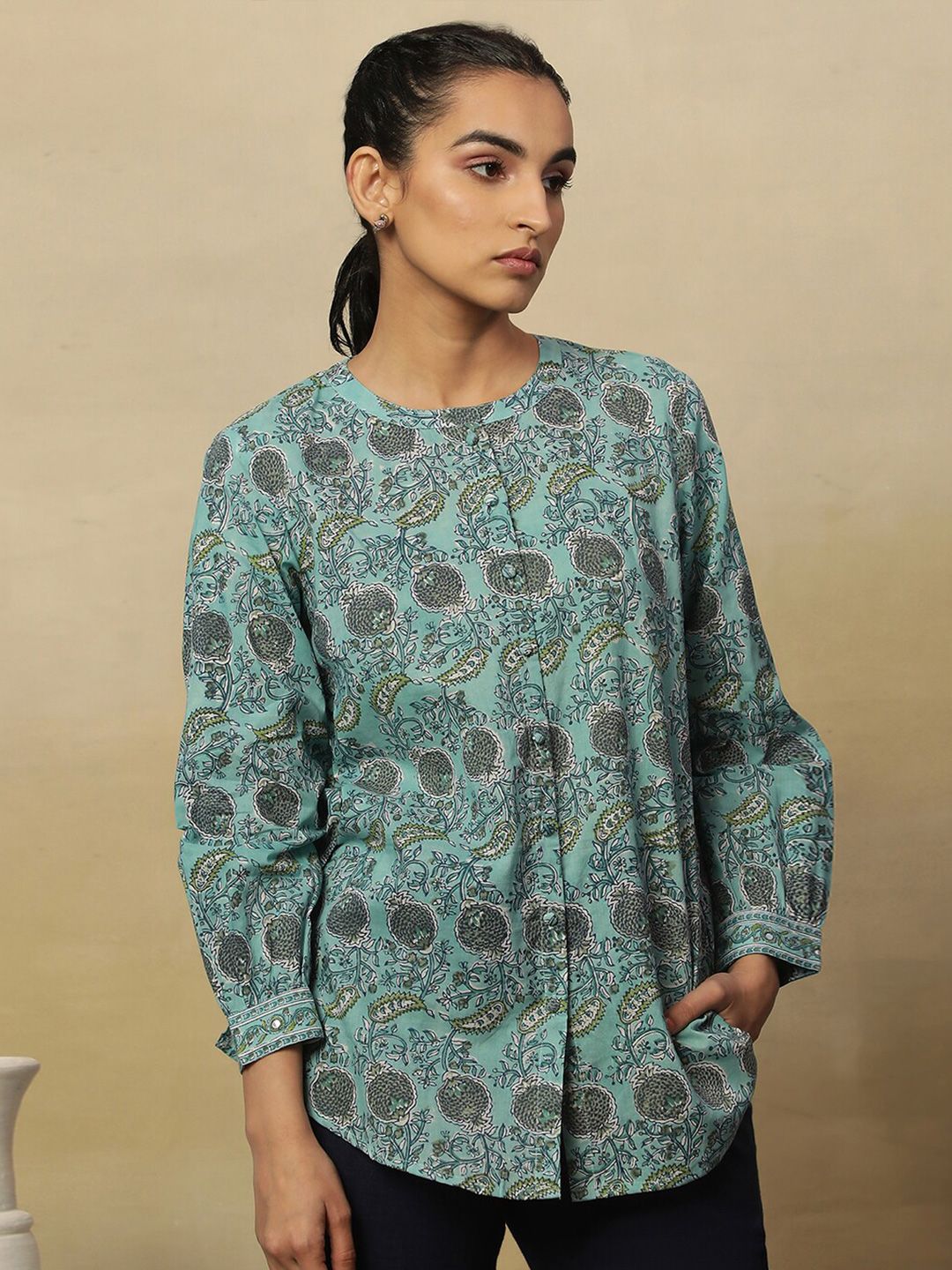 W Blue Floral Printed Mandarin Collar Shirt Style Cotton Top