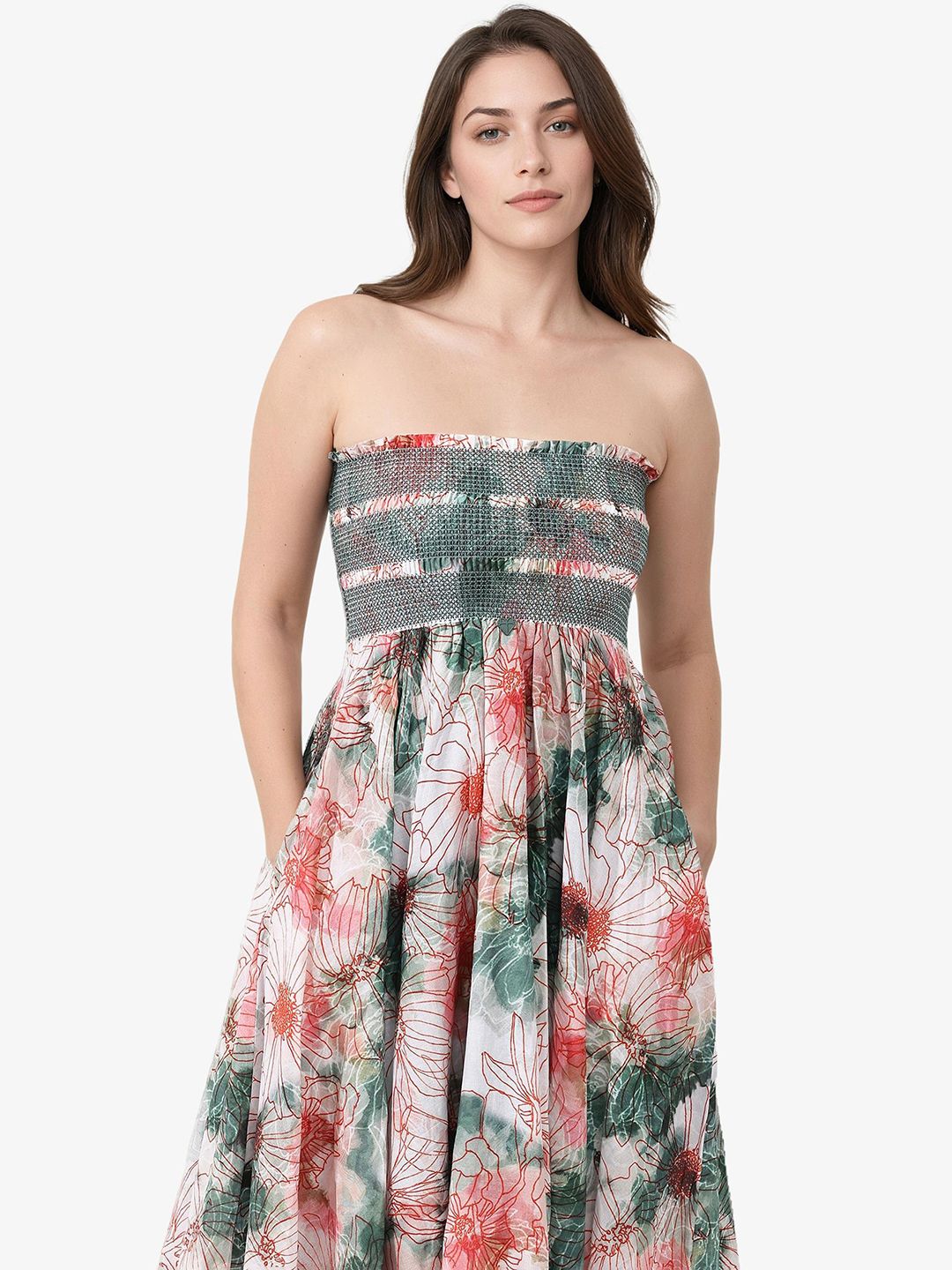RAREISM Floral Printed Cotton Flared Off-Shoulder Fit & Flare Midi Dress