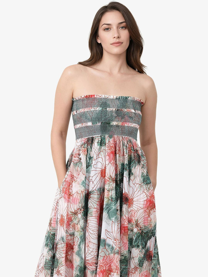 RAREISM Floral Printed Cotton Flared Off-Shoulder Fit & Flare Midi Dress