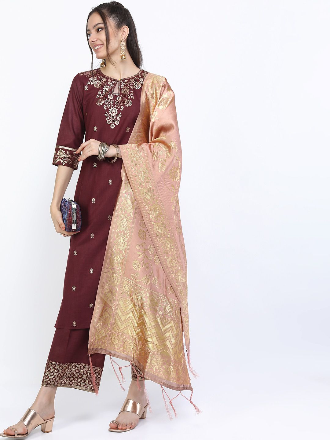Vishudh Women Burgundy Kurta with Trousers & With Dupatta