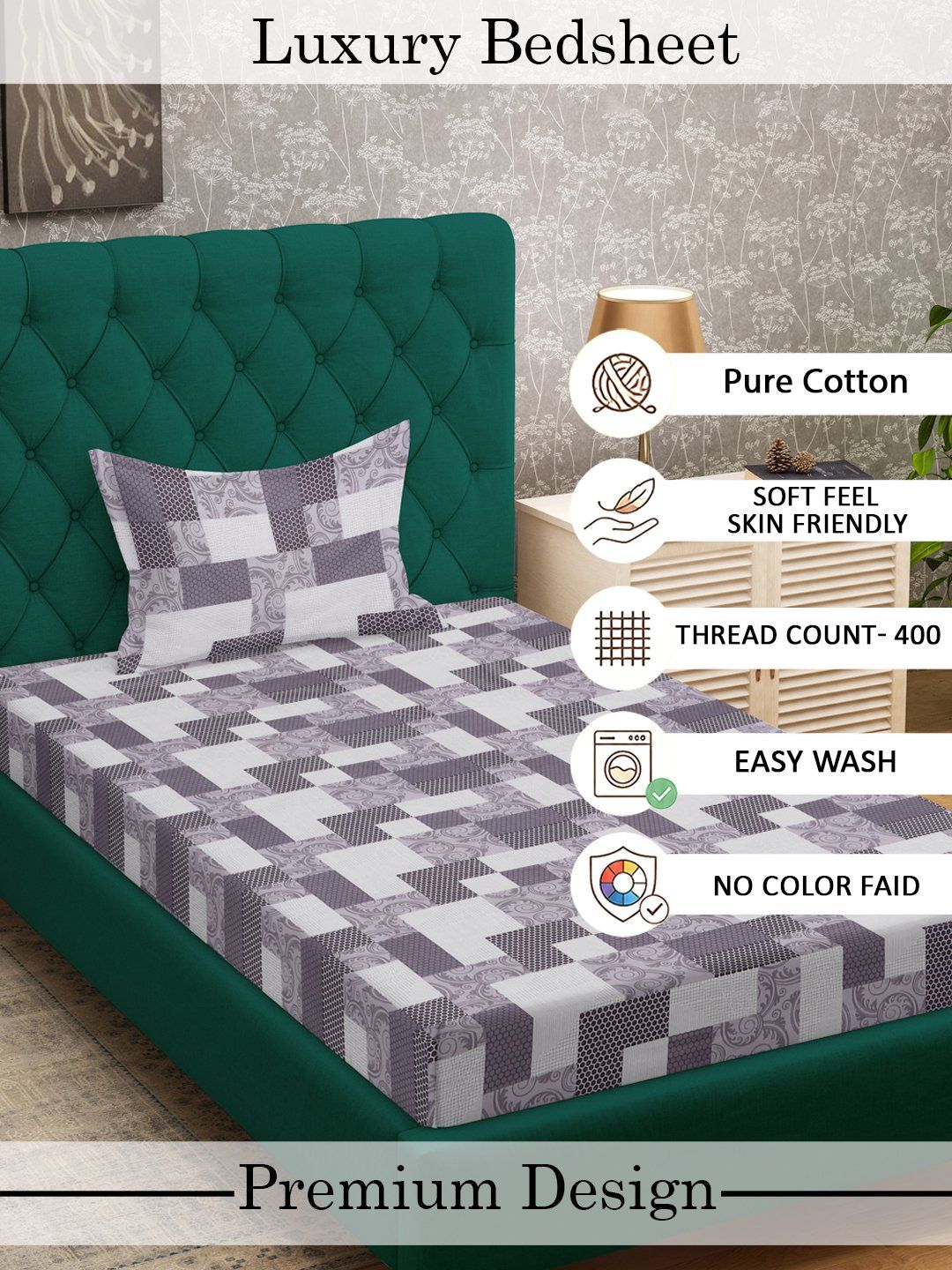 Myntra Elegant Homes Purple & White Geometric 400 TC Single Bedsheet with 1 Pillow Covers