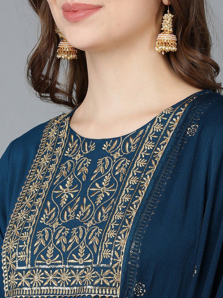 KALINI Ethnic Motifs Embroidered Round Neck Sequinned Empire Kurta With Trouser & Dupatta