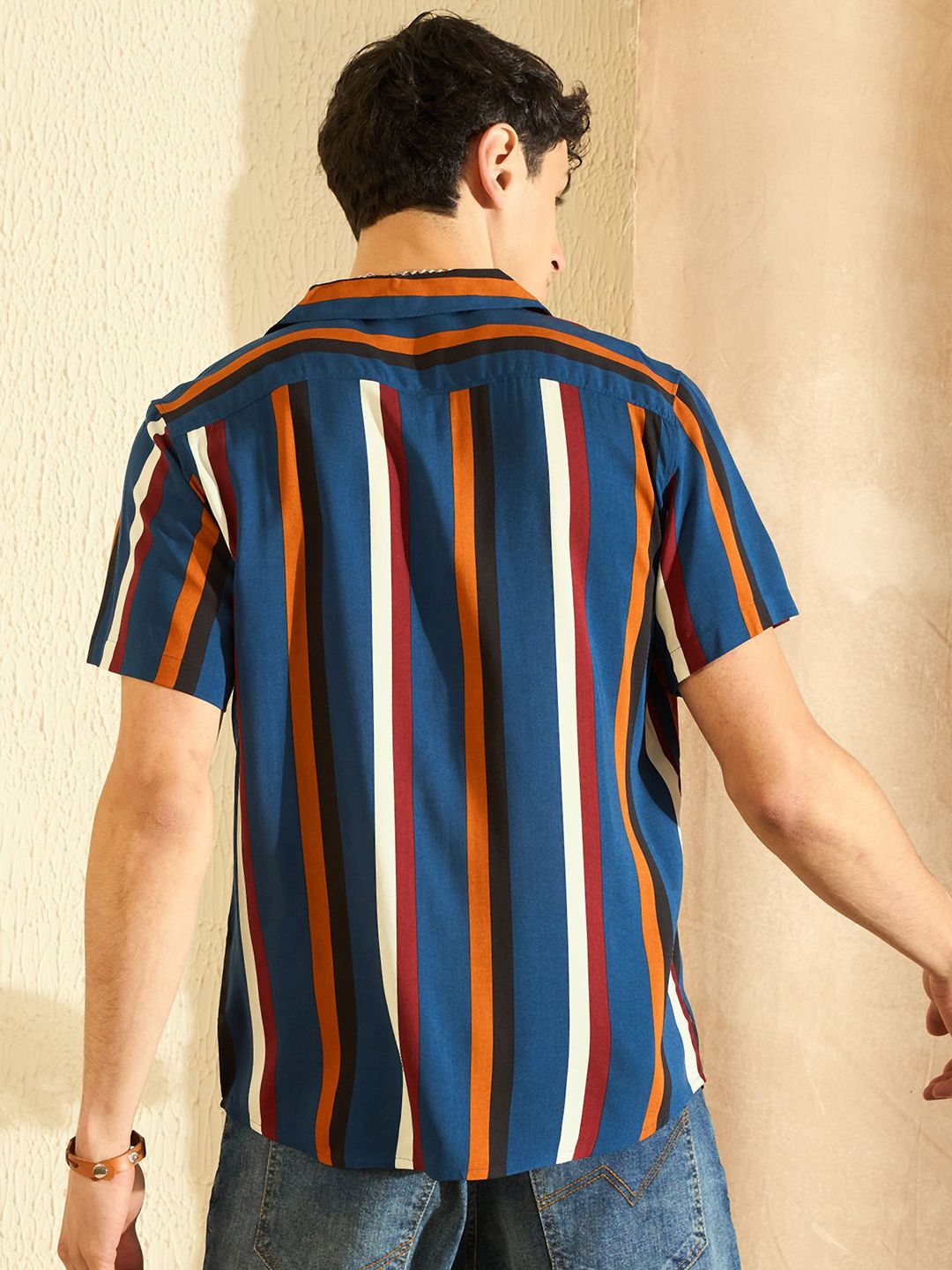 DENNISON Smart Oversized Striped Cuban Collar Casual Shirt