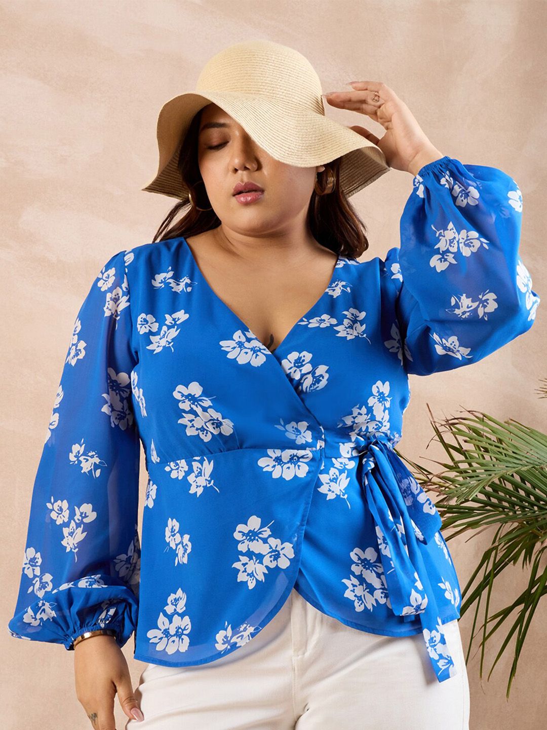 Berrylush Curve Plus Size Blue Floral Printed V-Neck Bishop Sleeve Wrap Top