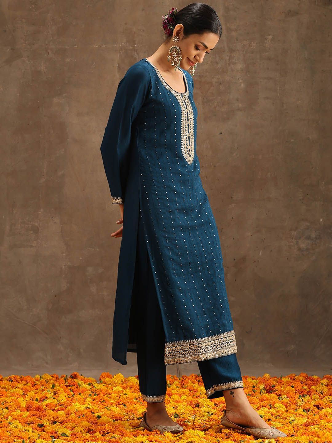 Libas Teal & Gold-Toned Ethnic Motifs Embroidered Sequined Kurta with Trousers & Dupatta