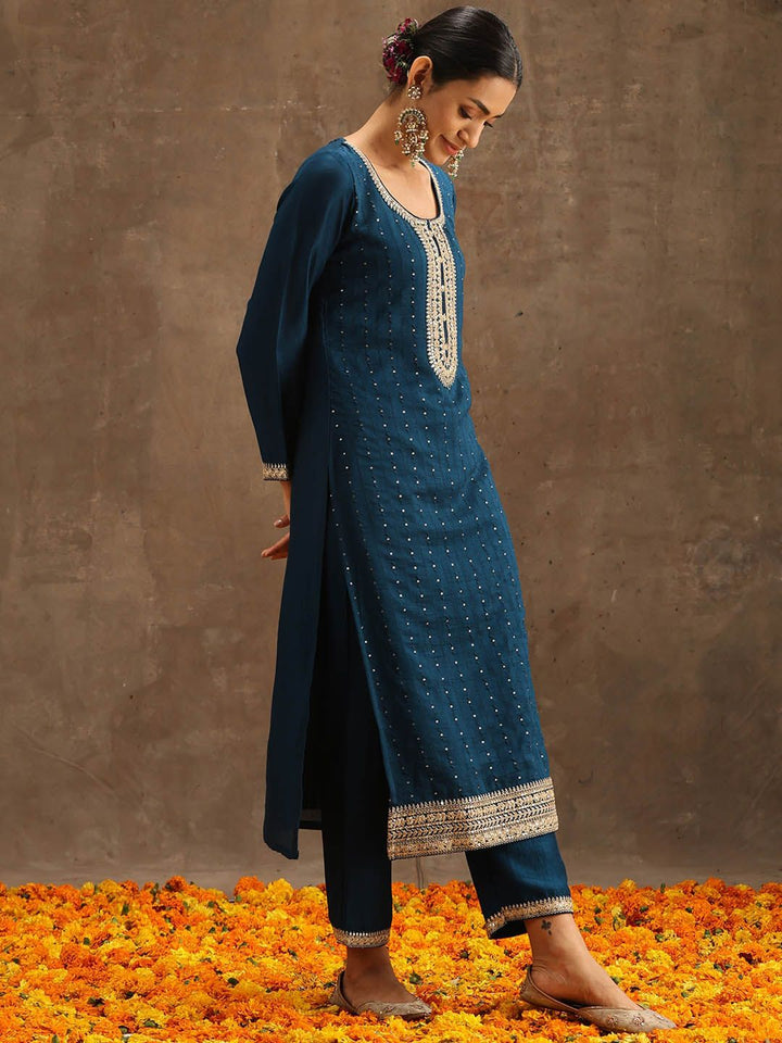 Libas Teal & Gold-Toned Ethnic Motifs Embroidered Sequined Kurta with Trousers & Dupatta