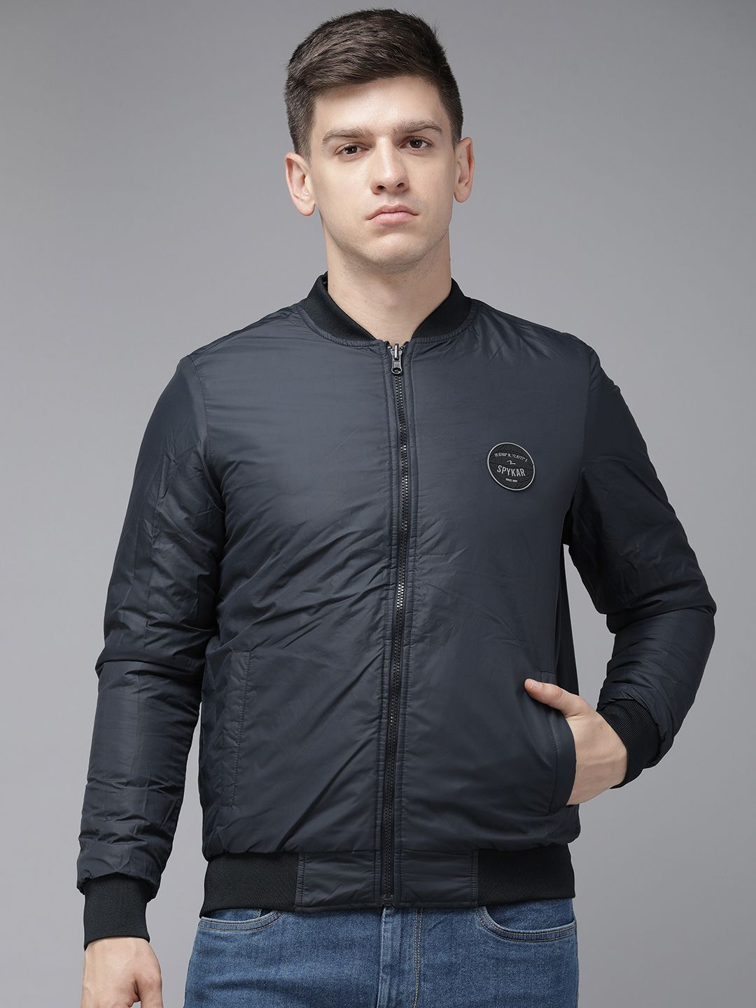 SPYKAR Solid Mandarin Collar Reversible Puffer Jacket