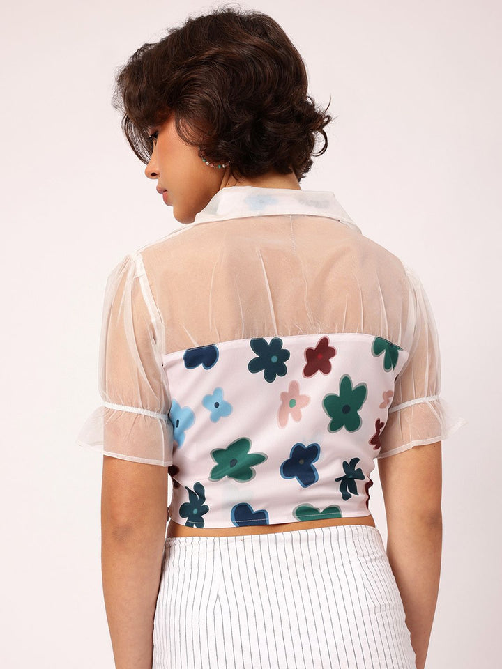 DressBerry Bold Sheer Floral Printed Shirt Style Net Detail Crop Top
