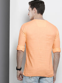 The Indian Garage Co Men Peach-Coloured Solid Angrakha Straight Kurta