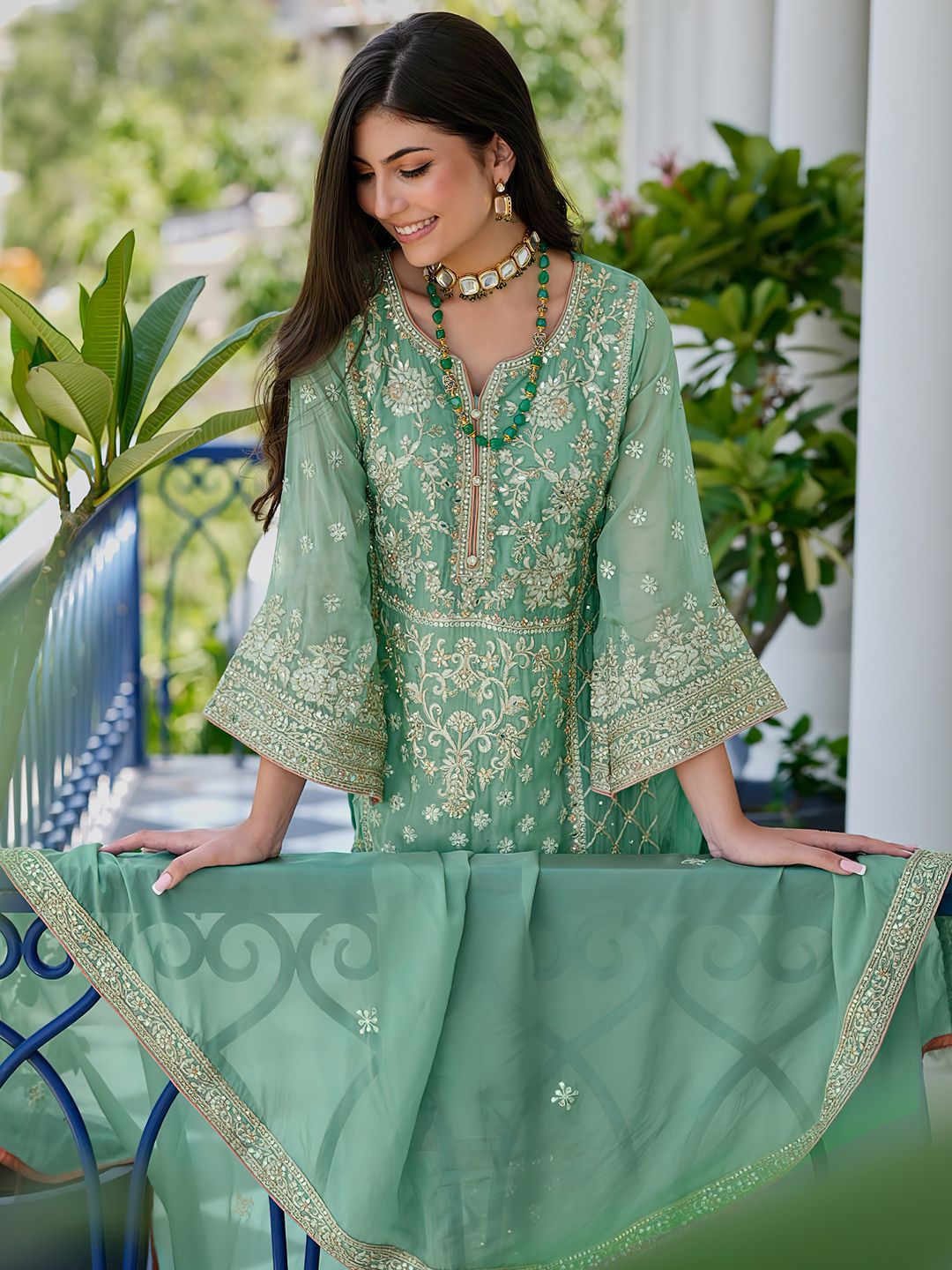 Indo Era Zari Ethnic Motifs Embroidered Notch Neck Straight Kurta With Trousers & Dupatta