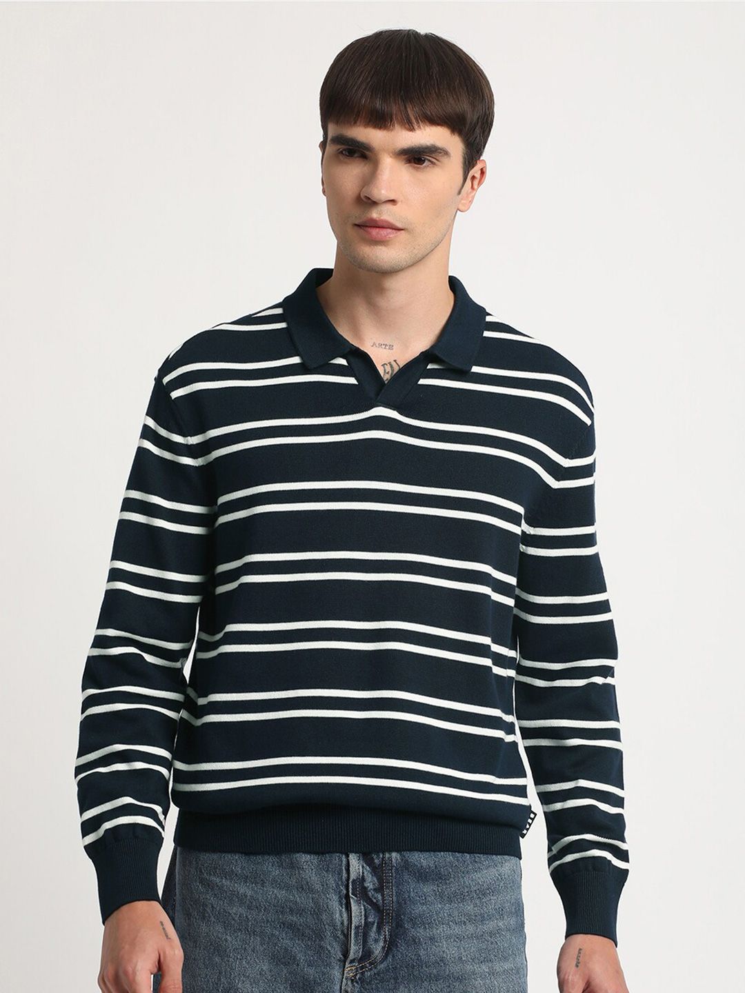 THE BEAR HOUSE Striped Regular Fit Cotton Polo Collar T-shirt