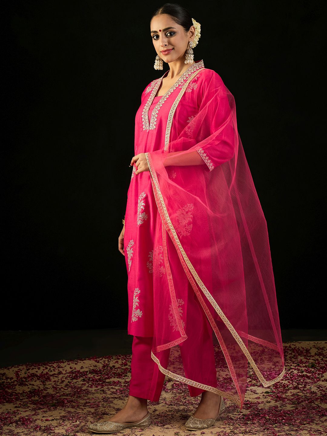 Indo Era V Neck Ethnic Motifs Embroidered Sequinned Kurta with Trouser & Dupatta