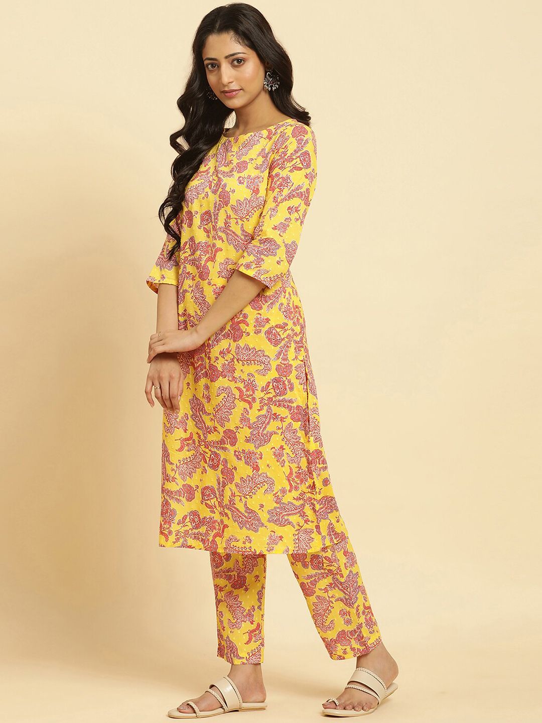 W Floral Printed Regular Pure Cotton Kurta with Trousers