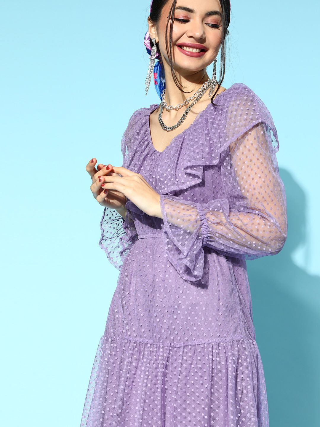 Athena Lavender Self Design Dobby Net A-Line Dress