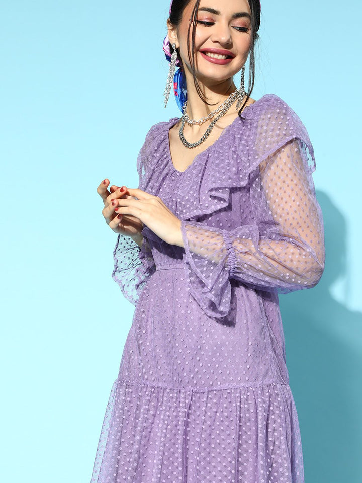 Athena Lavender Self Design Dobby Net A-Line Dress