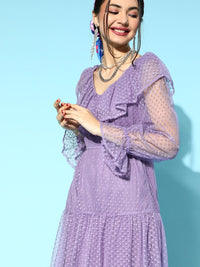 Athena Lavender Self Design Dobby Net A-Line Dress
