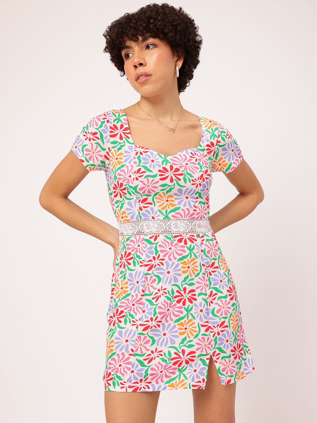 DressBerry Garden Party Tee Floral Print Sweetheart Neck Mini Sheath Dress