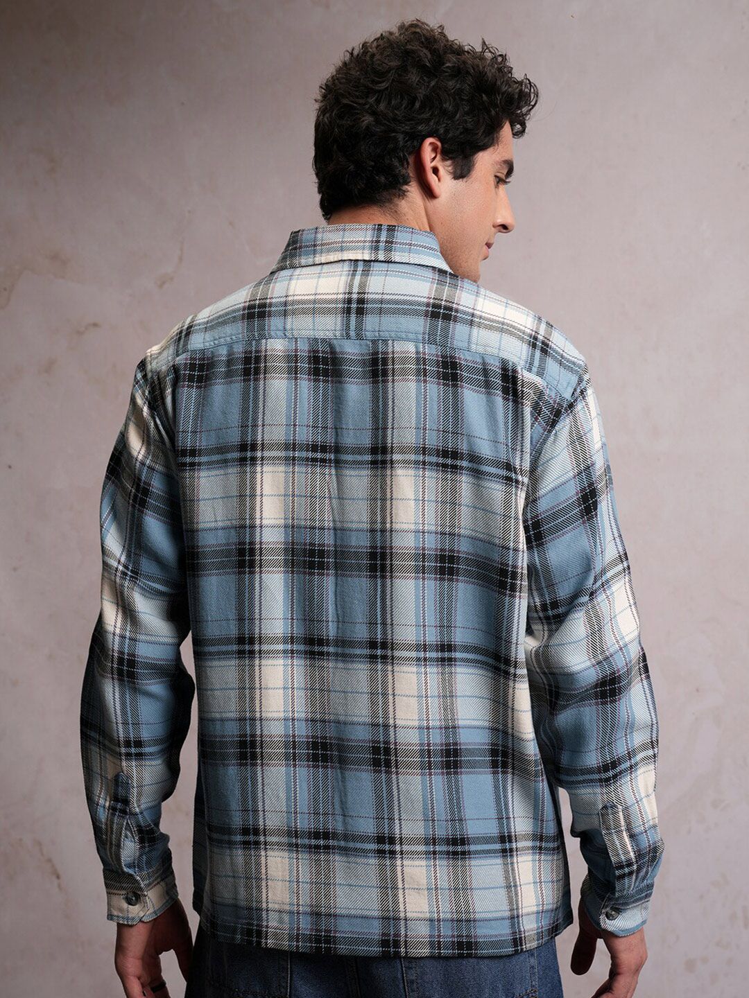 Locomotive Men Blue Dobby Textured Checked Utility Pocket Overshirt