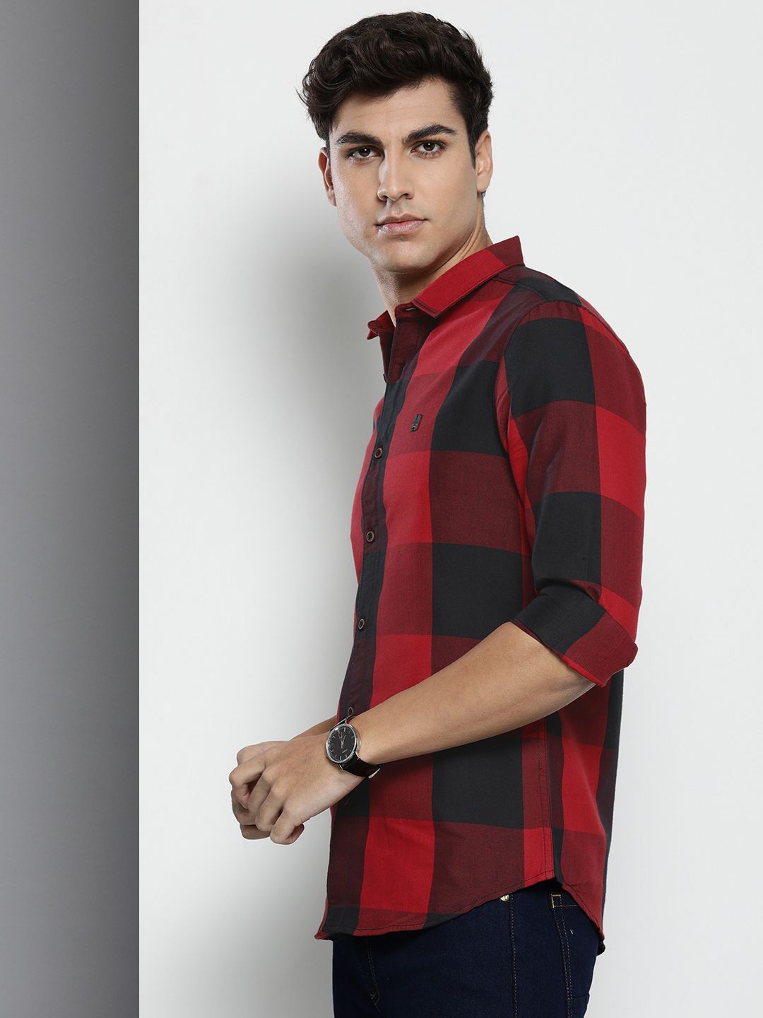 The Indian Garage Co Men Pure Cotton Windowpane Checked Casual Shirt