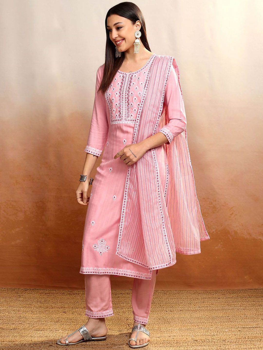 Vishudh Pink Floral Embroidered Straight Kurta with Trousers & Dupatta