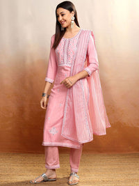 Vishudh Pink Floral Embroidered Straight Kurta with Trousers & Dupatta