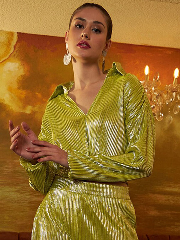 Athena Lime Green Striped Tie-Up Detail Shirt Style Top