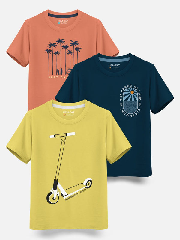 HELLCAT Boys Pack Of 3 Printed Cotton T-shirt