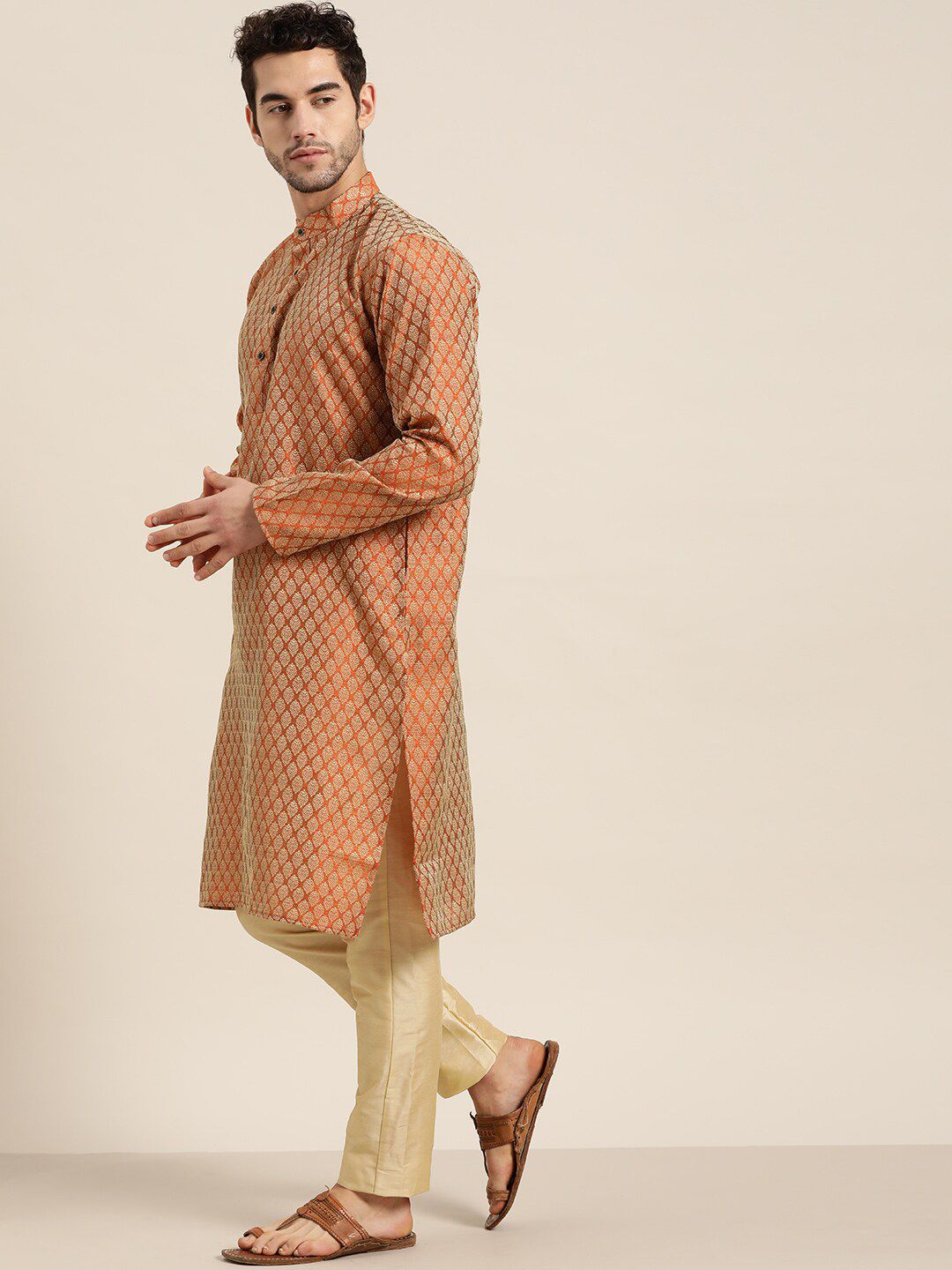 SOJANYA Woven Design Mandarin Collar Silk Cotton Kurta